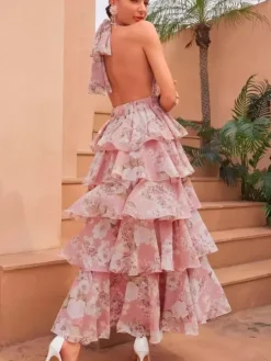 Robe rouge élégante à imprimé dos nu et volants sans manches col en V imprimée pour une soirée en amoureux