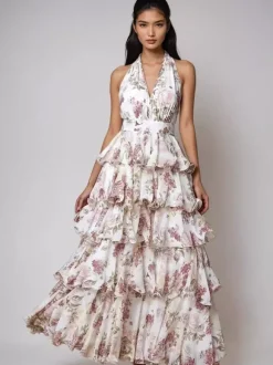 Robe rouge élégante à imprimé dos nu et volants sans manches col en V imprimée pour une soirée en amoureux