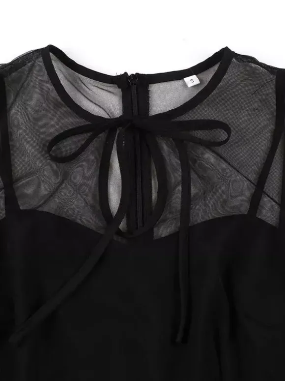 Robe rétro bordeaux transparente style années 50 sans manches col rond coupe rockabilly longueur moyenne.