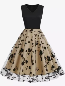 Robe rétro glamour années 50 noire bicolore à volants brodée sans manches col en V style rockabilly