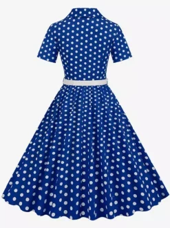 Robe rétro glamour style années 50 col rabattu boutons manches courtes robe trapèze à pois