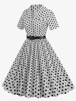 Robe rétro glamour style années 50 col rabattu boutons manches courtes robe trapèze à pois