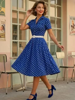 Robe rétro glamour style années 50 col rabattu boutons manches courtes robe trapèze à pois