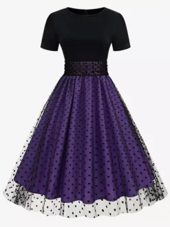 Robe rétro glamour style années 50 col rond manches courtes superposées taille moyenne à pois style rockabilly