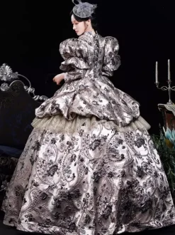Robe rétro marron café à volants en polyester jacquard pour femme costume rétro Marie-Antoinette robe de bal masqué