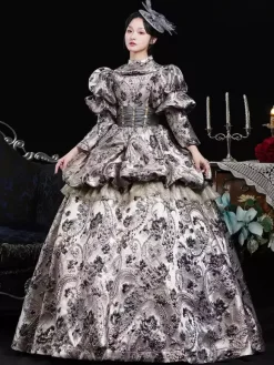 Robe rétro marron café à volants en polyester jacquard pour femme costume rétro Marie-Antoinette robe de bal masqué