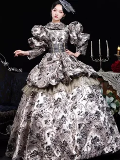 Robe rétro marron café à volants en polyester jacquard pour femme costume rétro Marie-Antoinette robe de bal masqué
