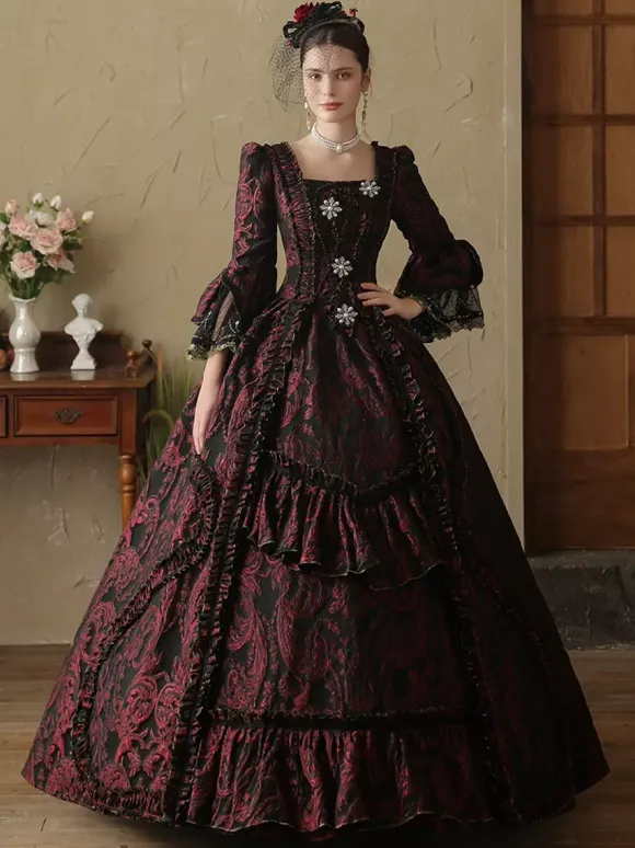 Robe rétro marron café à volants pour femme tenue de bal masqué de style européen en polyester