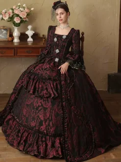 Robe rétro marron café à volants pour femme tenue de bal masqué de style européen en polyester