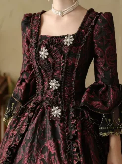 Robe rétro marron café à volants pour femme tenue de bal masqué de style européen en polyester