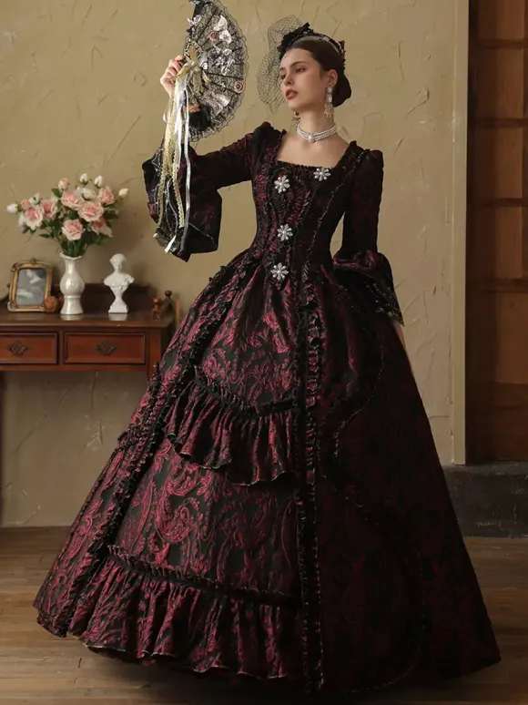 Robe rétro marron café à volants pour femme tenue de bal masqué de style européen en polyester