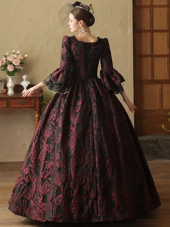Robe rétro marron café à volants pour femme tenue de bal masqué de style européen en polyester