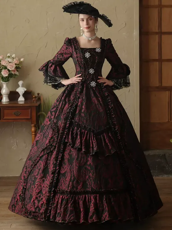 Robe rétro marron café à volants pour femme tenue de bal masqué de style européen en polyester