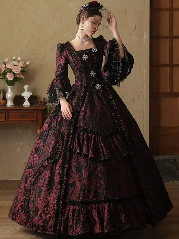 Robe rétro marron café à volants pour femme tenue de bal masqué de style européen en polyester
