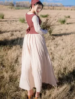 Robe rétro médiévale écossaise pour femmes deux pièces Vintage motif Floral à carreaux mode Patchwork Prairie Chic Sukol