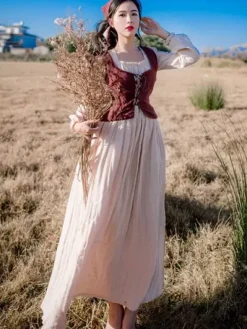 Robe rétro médiévale écossaise pour femmes  deux pièces  Vintage  motif Floral  à carreaux  mode Patchwork  Prairie Chic  Sukol