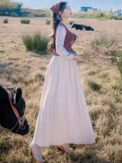 Robe rétro médiévale écossaise pour femmes  deux pièces  Vintage  motif Floral  à carreaux  mode Patchwork  Prairie Chic  Sukol