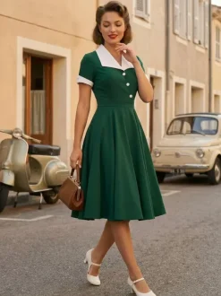 Robe rétro swing à manches courtes et col à revers contrastant pour femme 2026