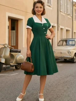Robe rétro swing à manches courtes et col à revers contrastant pour femme 2026