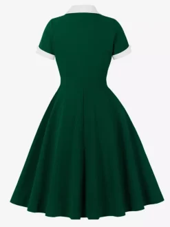 Robe rétro swing à manches courtes et col à revers contrastant pour femme 2026