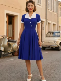 Robe rétro swing à manches courtes et col à revers contrastant pour femme 2026