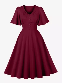 Robe rétro swing pour femme col en V froncée sur le devant boutons décoratifs manches papillon collection 2026