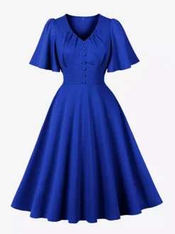 Robe rétro swing pour femme col en V froncée sur le devant boutons décoratifs manches papillon collection 2026