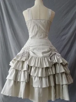 Robes à Bretelle Gothique Lolita Dentelle Plissé Beige