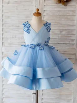 Robes cortège enfant bleu en tulle col en V robe fille de fleur