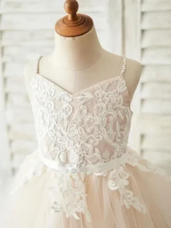 Robes cortège enfant col en V manches Sash Formal enfants dentelle Pageant Robes
