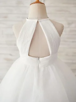 Robes cortège enfant col rond en dentelle jupe en tulle Robe fille de fleur