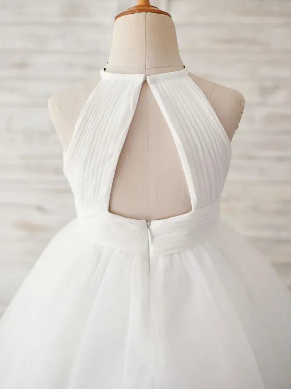 Robes cortège enfant col rond en dentelle jupe en tulle Robe fille de fleur