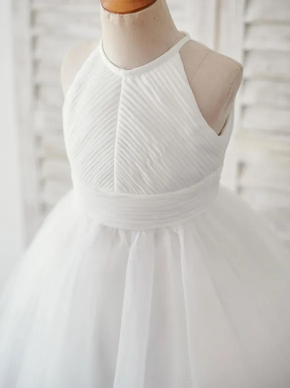 Robes cortège enfant col rond en dentelle jupe en tulle Robe fille de fleur