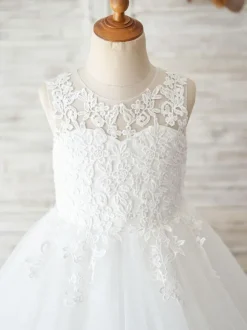 Robes cortège enfant ivoire en dentelles jupe en tulle robe de fille de fleur