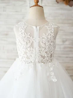 Robes cortège enfant ivoire en dentelles jupe en tulle robe de fille de fleur