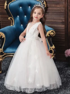 Robes cortège enfant robe cérémonie fille en dentelles Polyester Longueur cheville