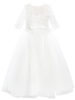 Robes cortège enfant robe cérémonie fille col rond manche courte en dentelle