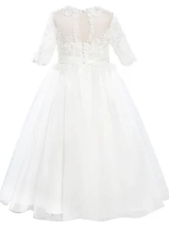 Robes cortège enfant robe cérémonie fille col rond manche courte en dentelle