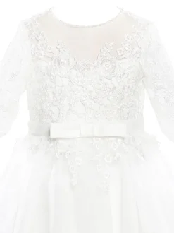 Robes cortège enfant robe cérémonie fille col rond manche courte en dentelle