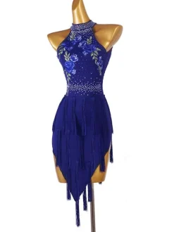 Robes de danse latine bleu marine foncé femmes strass imprimé fleuri moulante Sexy robe en Polyester vêtements de danse