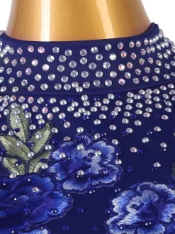 Robes de danse latine bleu marine foncé femmes strass imprimé fleuri moulante Sexy robe en Polyester vêtements de danse