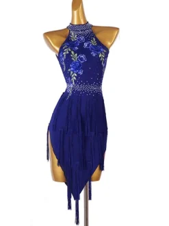Robes de danse latine bleu marine foncé femmes strass imprimé fleuri moulante Sexy robe en Polyester vêtements de danse