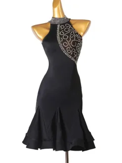 Robes de danse latine femmes noires strass moulante Sexy robe en Polyester Costume de danse