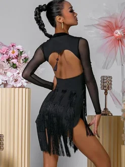 Robes de danse latine noir femmes robe en Polyester dos nu Sexy frange danseuse latine Costume de danse