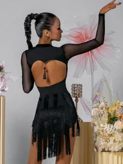 Robes de danse latine noir femmes robe en Polyester dos nu Sexy frange danseuse latine Costume de danse