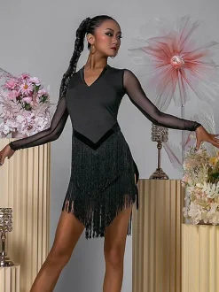 Robes de danse latine noir femmes robe en Polyester dos nu Sexy frange danseuse latine Costume de danse