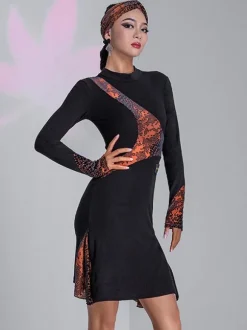 Robes de danse latine noires pour femmes ensemble asymétrique à imprimé Floral robe Sexy en Polyester Costume de danse