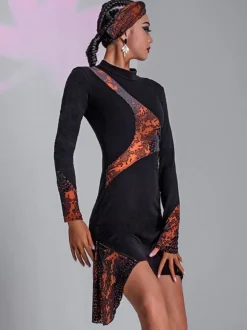 Robes de danse latine noires pour femmes ensemble asymétrique à imprimé Floral robe Sexy en Polyester Costume de danse