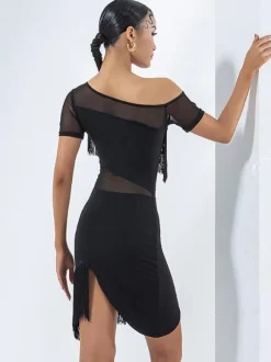 Robes de danse latine noires pour femmes ensemble superposé à franges robe élégante en Polyester vêtements de danse