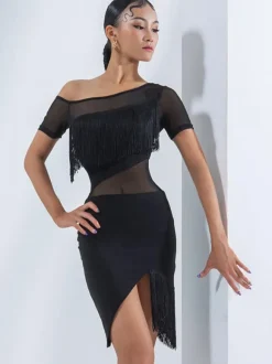 Robes de danse latine noires pour femmes ensemble superposé à franges robe élégante en Polyester vêtements de danse
